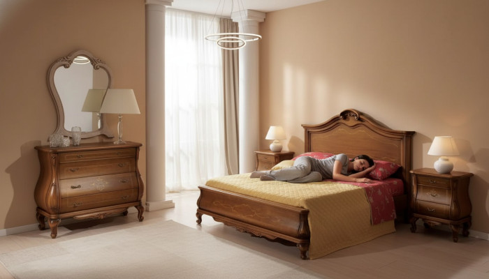 Ensemble de chambre marron Lit 2x Tables de chevet Commode Miroir Classique