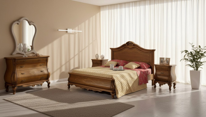 Ensemble de chambre marron Lit 2x Tables de chevet Commode Miroir Classique