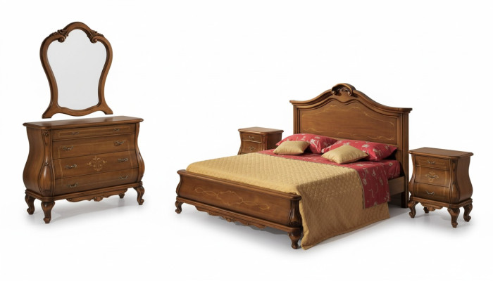 Ensemble de chambre marron Lit 2x Tables de chevet Commode Miroir Classique