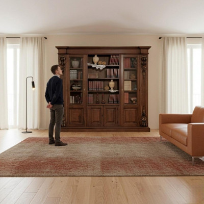 Grande étagère brune de luxe, vitrine en bois, meuble en bois massif.