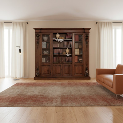 Grande étagère brune de luxe, vitrine en bois, meuble en bois massif.