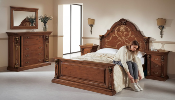 Ensemble de chambre classique en marron: lit 2x tables de chevet Commode Ensemble de 5 pièces