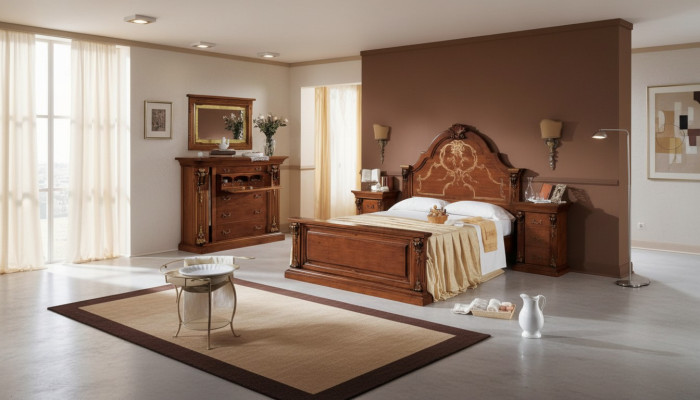 Ensemble de chambre classique en marron: lit 2x tables de chevet Commode Ensemble de 5 pièces