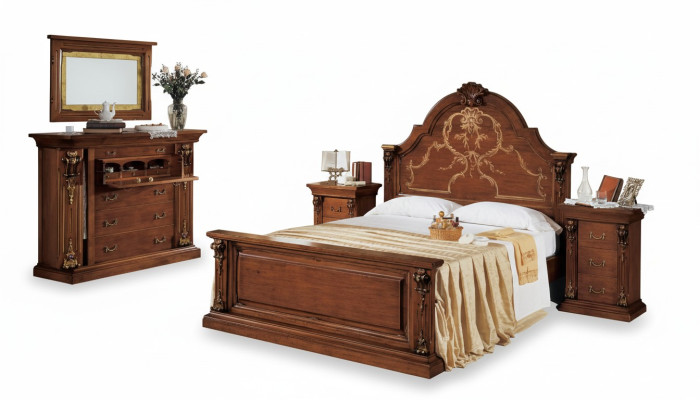 Ensemble de chambre classique en marron: lit 2x tables de chevet Commode Ensemble de 5 pièces