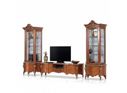 Meuble bas TV classique de luxe avec 2 vitrines, mobilier de salon, unité murale en bois.