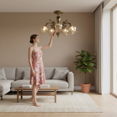 Lampe de plafond lustre plafond fleurs lustre lampe en verre marron