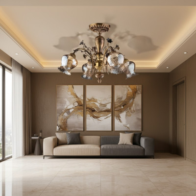Lustre de plafond lustre aux fleurs Lustre Luminaire Lampe en verre Brun