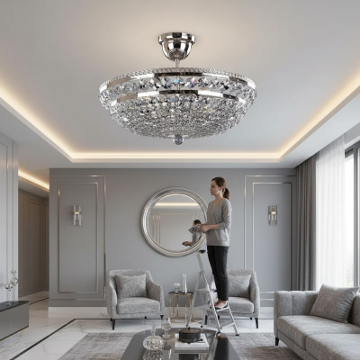 Lustre de plafond de luxe rond en argent Lustre de plafond Argent Chandelier en cristal