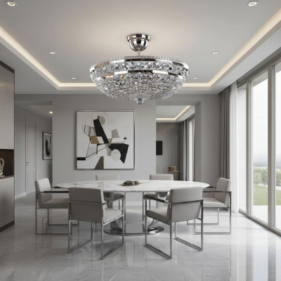 Lustre de plafond de luxe rond en argent Lustre de plafond Argent Chandelier en cristal