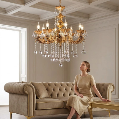 Lustre de plafond de luxe, lustre de plafond doré en cristal