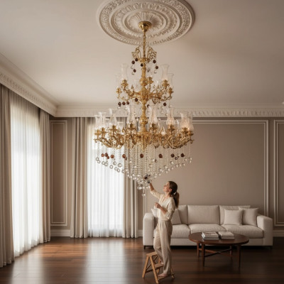 Lustre de plafond de luxe doré, lustre en cristal, lampe de plafond lustré 130x280cm.