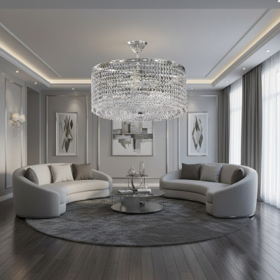 Lustre de plafond rond de luxe en argent avec des cristaux.
