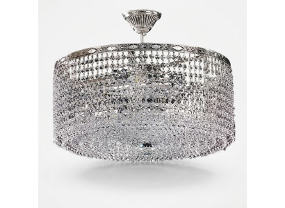 Lustre de plafond rond de luxe en argent avec des cristaux.