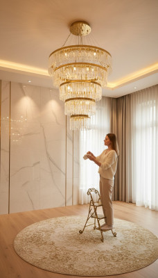 Lustre de plafond de lustre de lampe de cristal de luxe d'or de Lumière de plafond du lustre