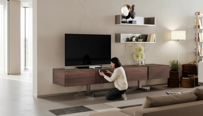 Moderne, élégante armoire TV fabriquée en bois de haute qualité et durable.