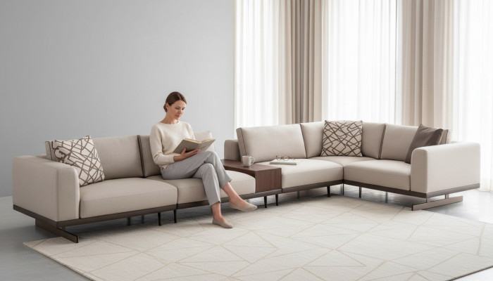 Grand canapé d'angle en tissu Mobilier canapés en forme de L canapés canapés beige dans le salon