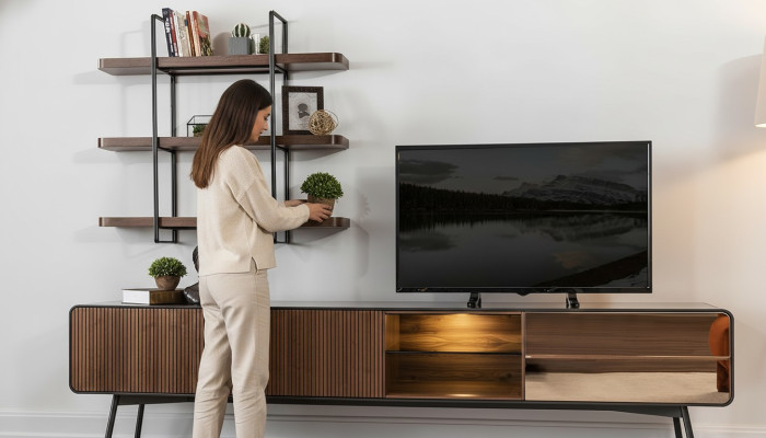Meuble TV bas télévision étagères buffet salle de séjour en bois brun moderne