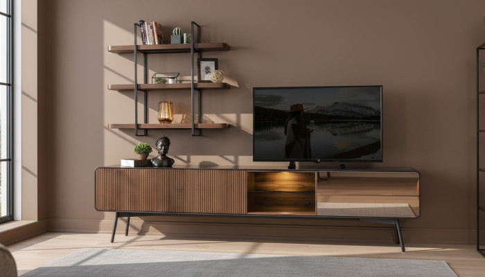 Meuble TV bas télévision étagères buffet salle de séjour en bois brun moderne