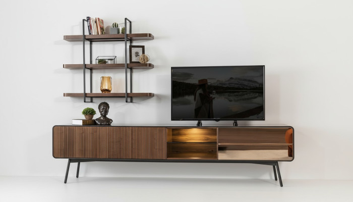 Meuble TV bas télévision étagères buffet salle de séjour en bois brun moderne