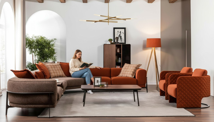 Canapé d'angle moderne en tissu de forme L avec acier inoxydable, nouveau mobilier de salon