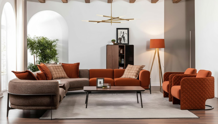 Canapé d'angle moderne en tissu de forme L avec acier inoxydable, nouveau mobilier de salon