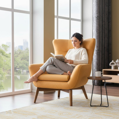 Fauteuil Wing Chair Fauteuil Cocktail 1 place Design moderne Imitation cuir Jaune