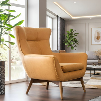 Fauteuil Wing Chair Fauteuil Cocktail 1 place Design moderne Imitation cuir Jaune