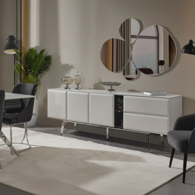 Buffet avec miroir Commode Blanche Console Table Moderne Ensemble en Bois