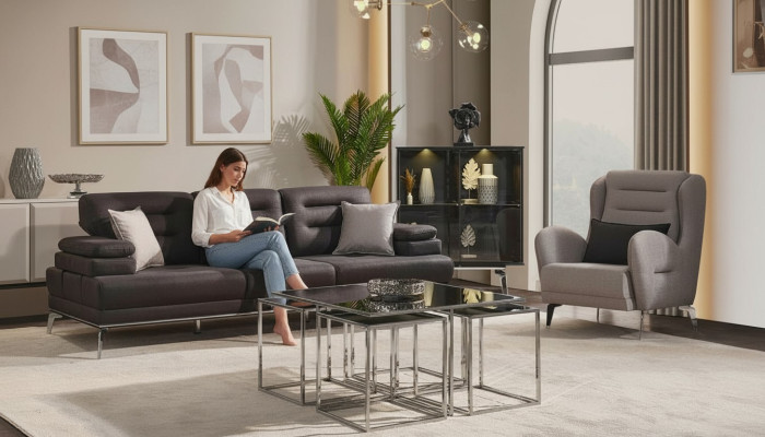 Ensemble de canapés 3 places Fauteuil Tissu Noir Moderne