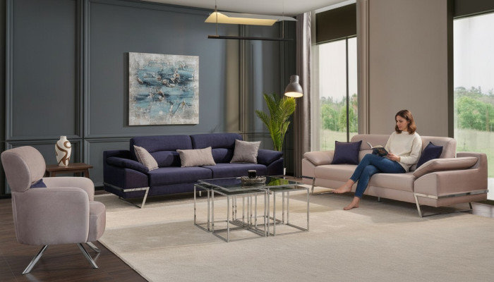 Ensemble de canapé de luxe 3 places Ensemble de 3 places Canapé Fauteuil Tissu Bleu Moderne