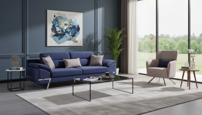 Ensemble de canapé de luxe 3 places Ensemble de 3 places Canapé Fauteuil Tissu Bleu Moderne
