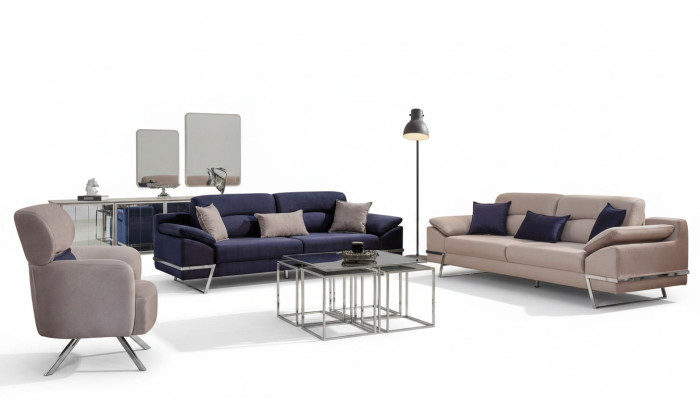 Ensemble de canapé de luxe 3 places Ensemble de 3 places Canapé Fauteuil Tissu Bleu Moderne
