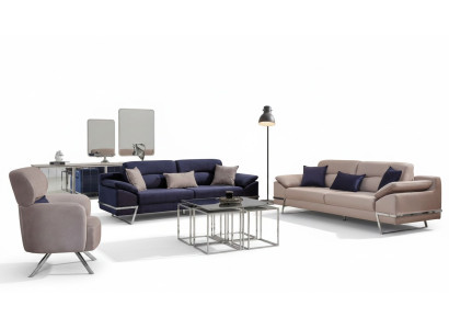 Ensemble de canapé de luxe 3 places Ensemble de 3 places Canapé Fauteuil Tissu Bleu Moderne