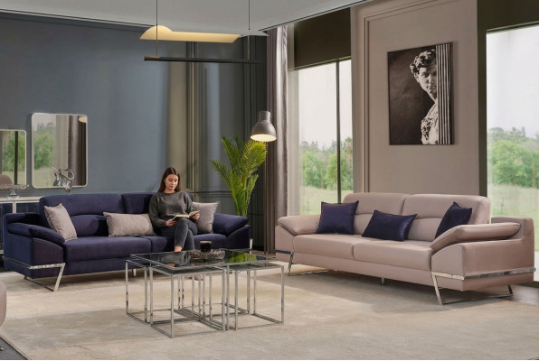 Three Seater Suite Sofa set 33 Seater Fabric Luxury Blue Set Sets Trois canapés en tissu de luxe bleu à deux places, ensemble de 33 pièces.