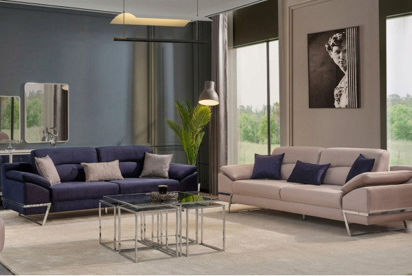 Three Seater Suite Sofa set 33 Seater Fabric Luxury Blue Set Sets Trois canapés en tissu de luxe bleu à deux places, ensemble de 33 pièces.