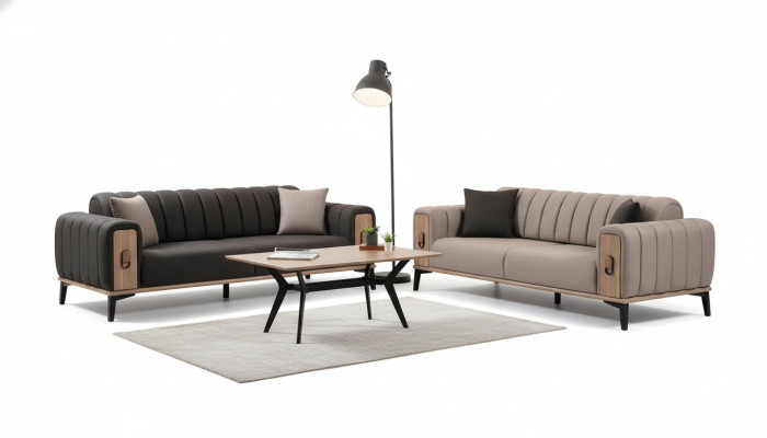 Canapé marron ensemble 2x luxe trois places canapés en bois cadre