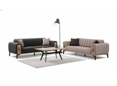 Canapé marron ensemble 2x luxe trois places canapés en bois cadre