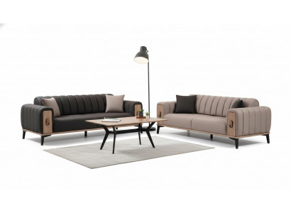 Canapé marron ensemble 2x luxe trois places canapés en bois cadre
