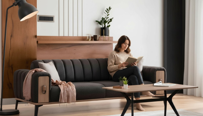 Élégant mobilier de salon moderne à trois places en bois gris avec canapés