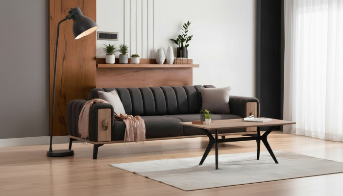 Élégant mobilier de salon moderne à trois places en bois gris avec canapés