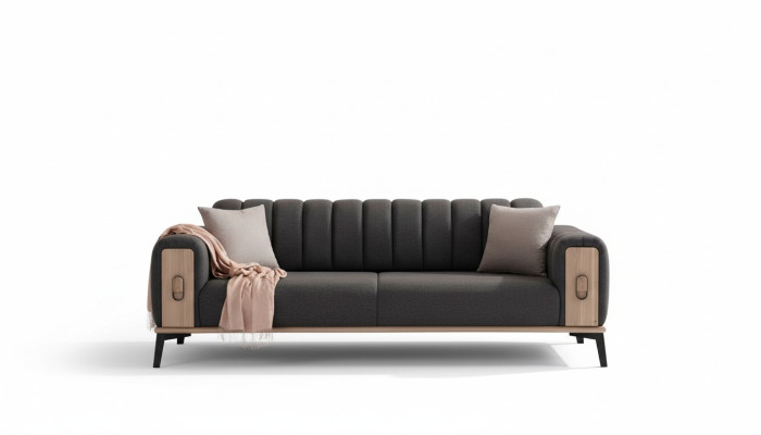 Élégant mobilier de salon moderne à trois places en bois gris avec canapés