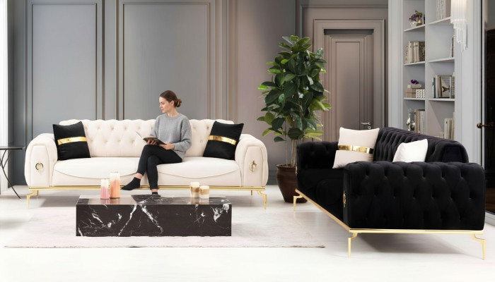 Ensemble de canapés de luxe Chesterfield Groupe de sièges à trois places Noir 3+3 places