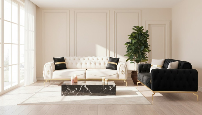 Ensemble de canapés de luxe Chesterfield Groupe de sièges à trois places Noir 3+3 places