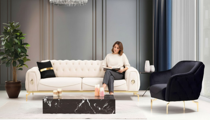 Canapé en acier inoxydable de luxe Chesterfield, ensemble de canapés trois places.