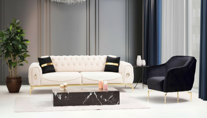 Canapé en acier inoxydable de luxe Chesterfield, ensemble de canapés trois places.