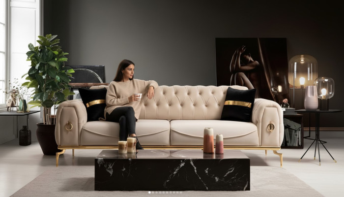 Canapé Chesterfield moderne en tissu trois places meubles en acier inoxydable Canapé.