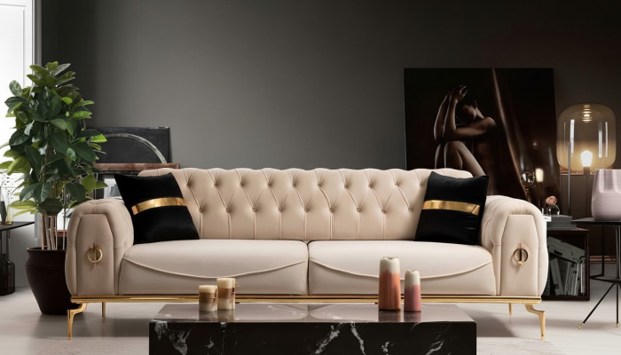 Canapé Chesterfield moderne en tissu trois places meubles en acier inoxydable Canapé.