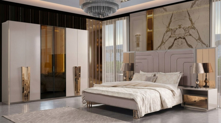 Suite Lit Double Lit Beige en Bois de Luxe Moderne Ensemble de Chambre 3 pièces