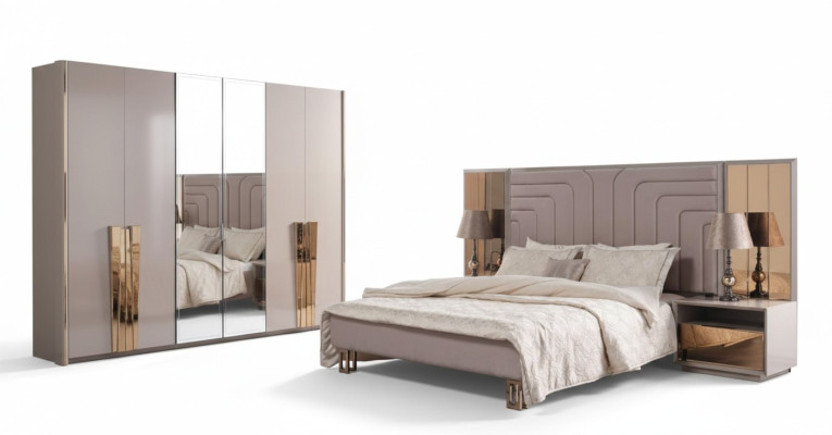 Suite Lit Double Lit Beige en Bois de Luxe Moderne Ensemble de Chambre 3 pièces