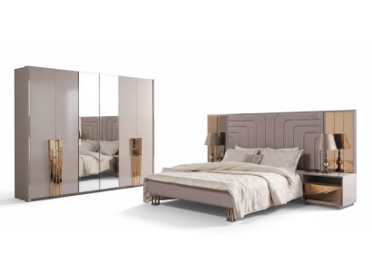 Suite Lit Double Lit Beige en Bois de Luxe Moderne Ensemble de Chambre 3 pièces